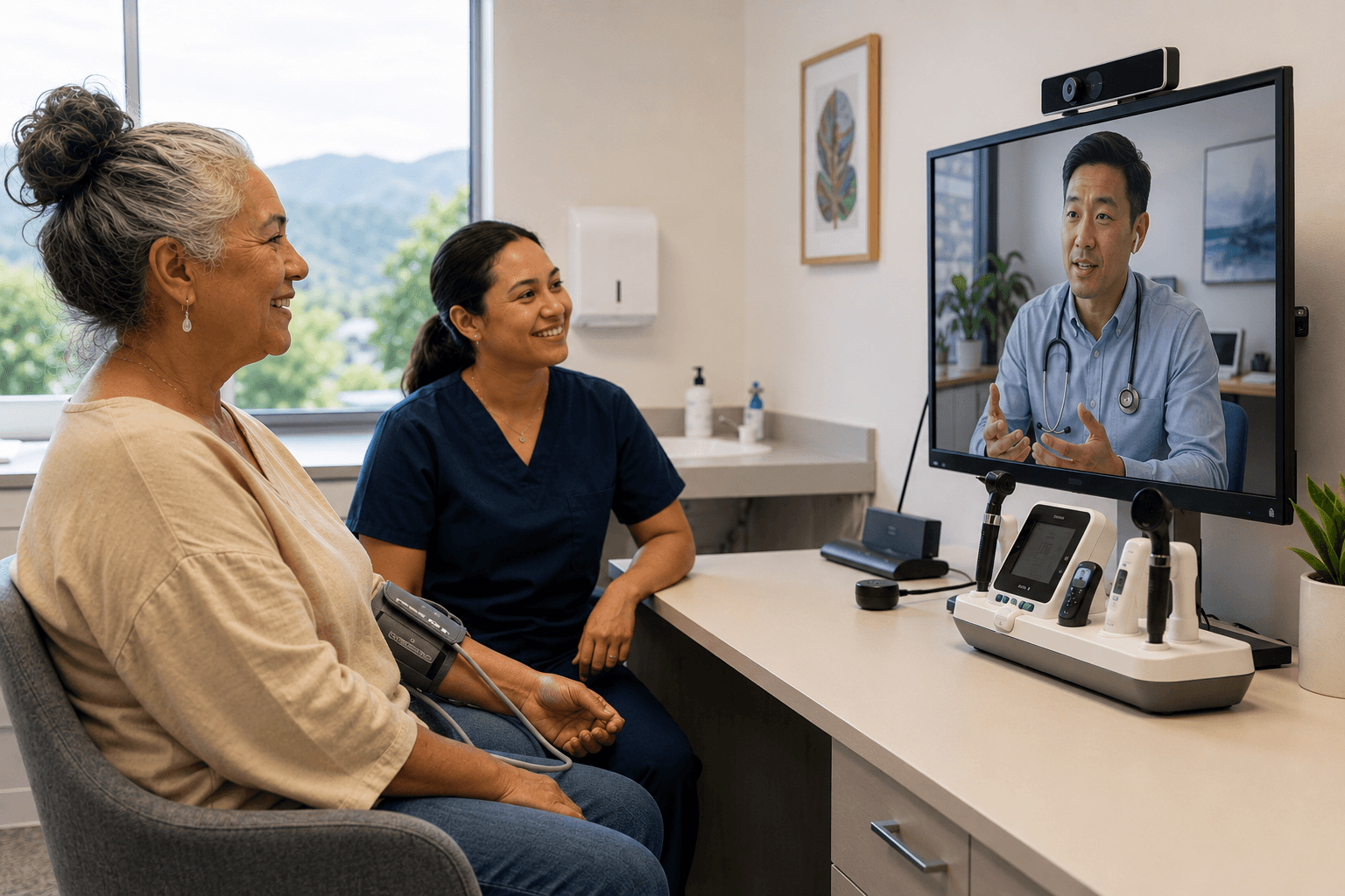 A patient in a clinic room supported by a nurse, with a remote clinician joining on screen for a technology-enabled consultation